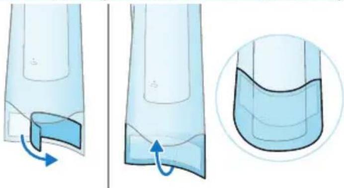 Three-step diagram showing fluid flow in a container with arrows indicating direction, and a magnified inset showing the bottom view of fluid (no text or symbols)