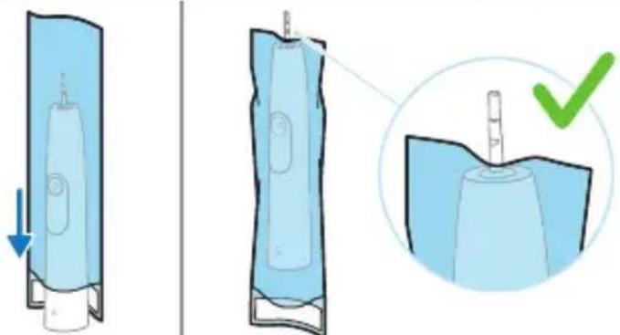 Diagram illustrating the process of an electric toothbrush, showing step-by-step assembly and inspection with a green checkmark.