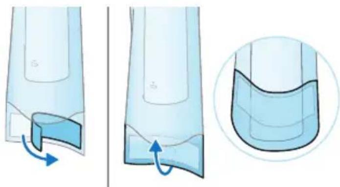 Diagram showing three stages of a fluid or material flow: top-down, mid-step, and final close-up with blue arrows indicating flow direction (no text or symbols)