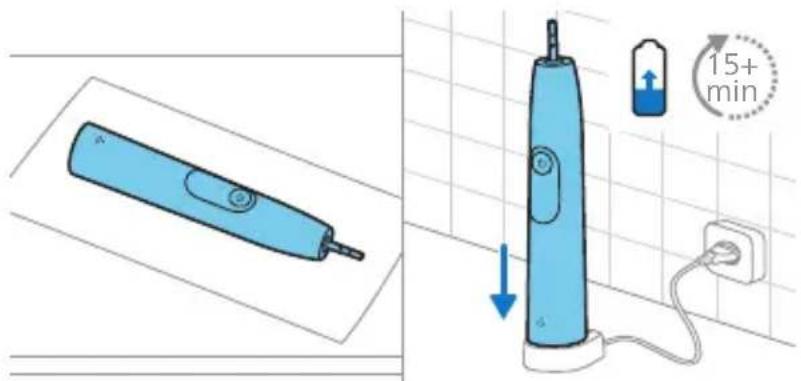 Diagram showing a blue electric toothbrush and its 15-minute charging setup with power outlet, illustrating the process.