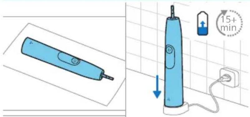Diagram showing a blue electric toothbrush and its 15-minute charging station connected to a power plug, with a magnified view of the device's electrical setup.