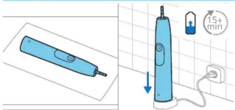 Diagram showing a blue electric toothbrush and its 15-minute charging station connected to a power outlet, with a magnified view of the device's charging setup.
