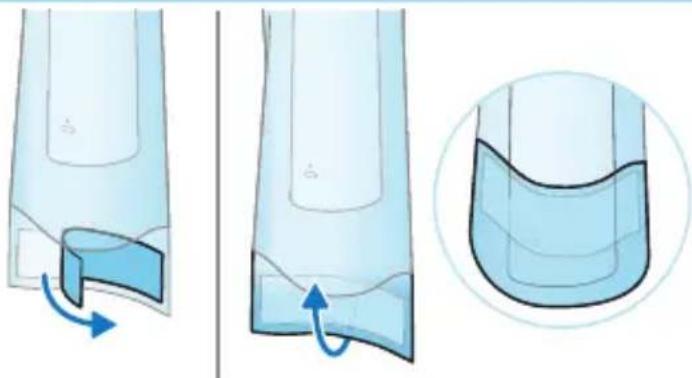 Diagram showing fluid flow in a container with an arrow indicating direction, and a magnified view of the internal structure (no text or symbols)