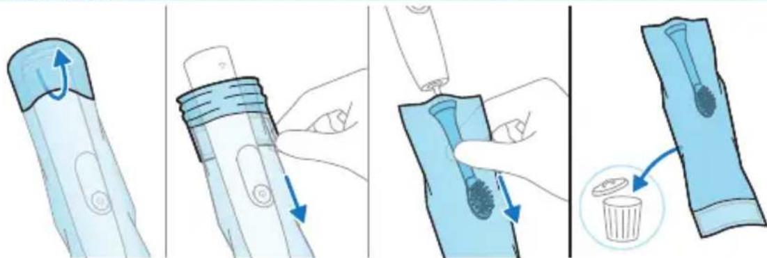 Illustration showing four steps of a cleaning or cleaning procedure on a device, with arrows indicating the process.