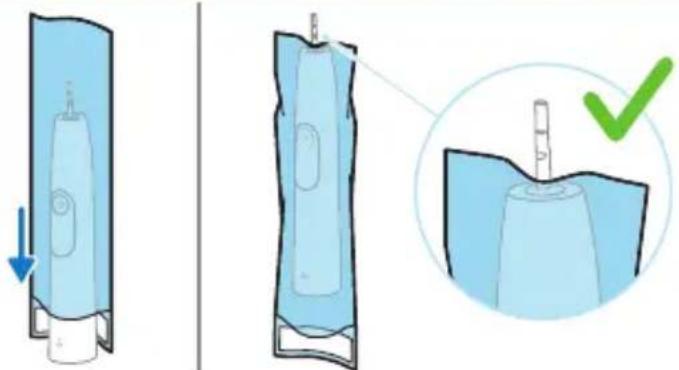 Diagram illustrating the step-by-step process of an electric toothbrush, showing removal, inspection, and final inspection with a green checkmark.