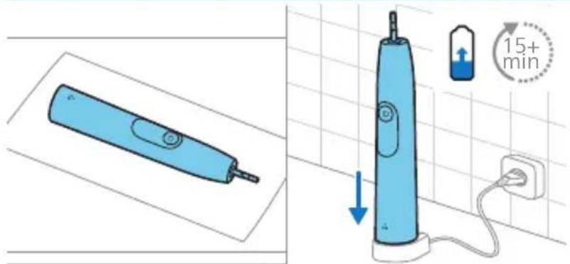 Diagram showing a blue electric toothbrush and its 15-minute charging station connected to a power outlet, with a magnified view of the device's charging mechanism.