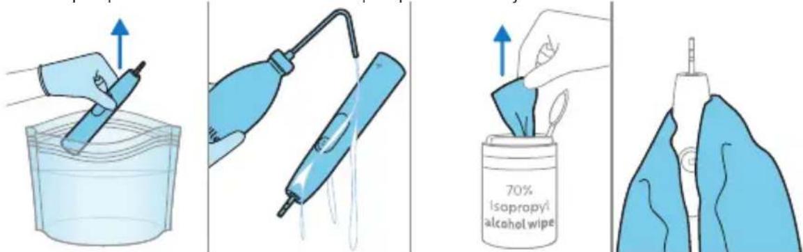 Illustration showing four steps of a chemical procedure involving a pipette, a bottle, a clear solution, and a labeled dish with 70% isopropyl alcohol wipe.