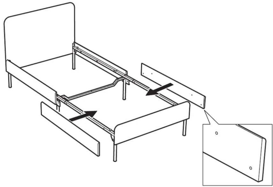Dessin technique au trait d'un assemblage de cadre de lit avec supports de montage et détails structurels (sans texte ni symboles)