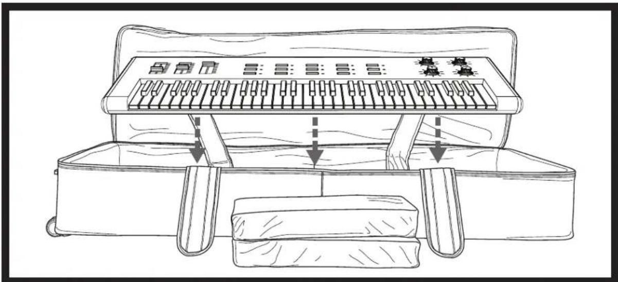 Line drawing of a piano keyboard with handle and base, showing internal components and movement arrows (no text or symbols)