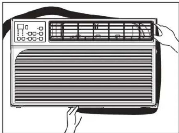 Line drawing of an air conditioner unit with a hand adjusting its panel (no text or symbols).