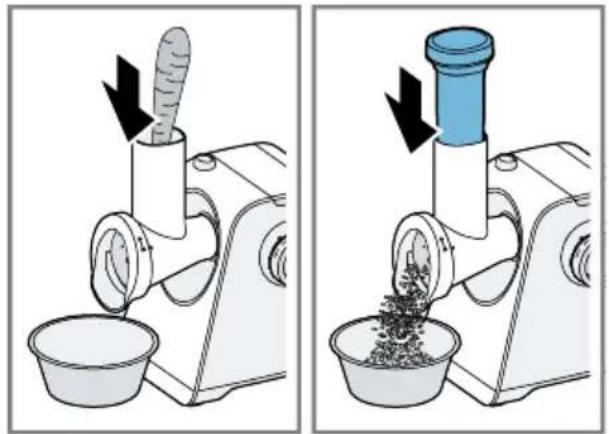 Two-step illustration of a manual shaver machine, showing the process from feeding into a bowl (no text or symbols present).