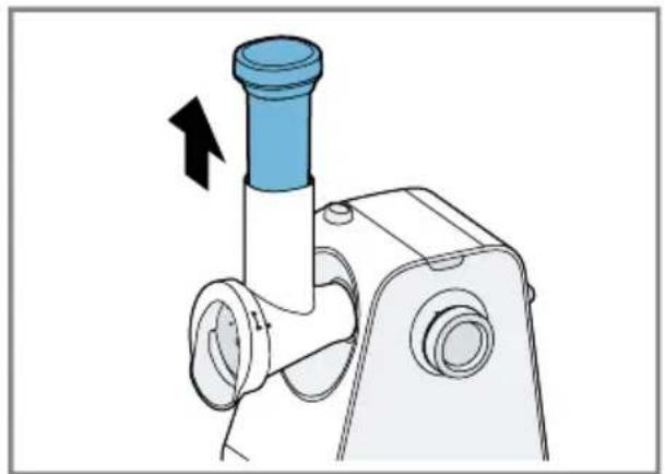 Mechanical component diagram showing a blue cap inserted into a white housing with an arrow indicating direction (no text or symbols).