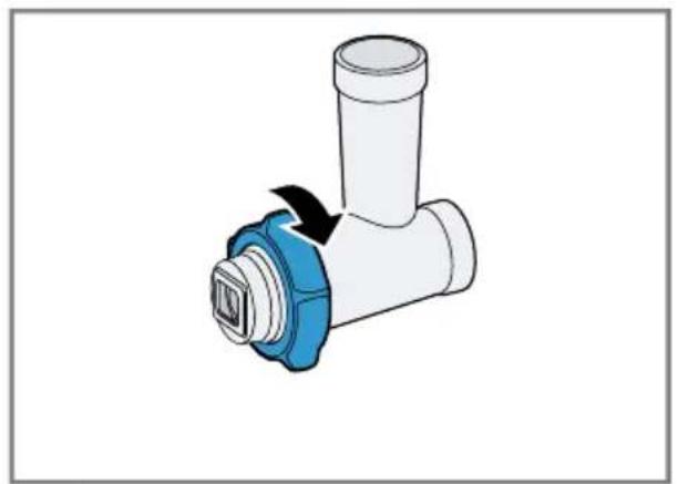 Diagram of a pipe fitting with blue and white components and an arrow indicating rotation (no text or symbols).