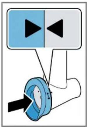 Diagram illustrating a device with two triangular buttons and a blue circular component, likely representing a mechanical or electrical component.