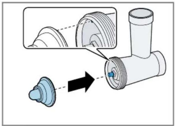 Diagram showing a mechanical component being inserted into a blue component, with no visible text or symbols.