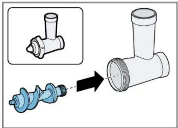 Diagram showing a mechanical assembly process: one pipe fitting and a threaded pipe being added, with no visible text or symbols.