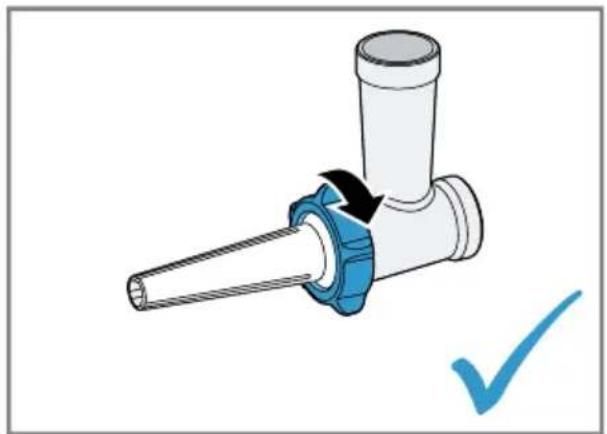 Diagram of a pipe fitting with a blue base and arrow indicating rotation, accompanied by a checkmark (no text or symbols)