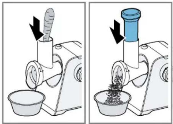 Two-step illustration of a manual hand mixer with a bowl and a brush, showing the process (no text or symbols)