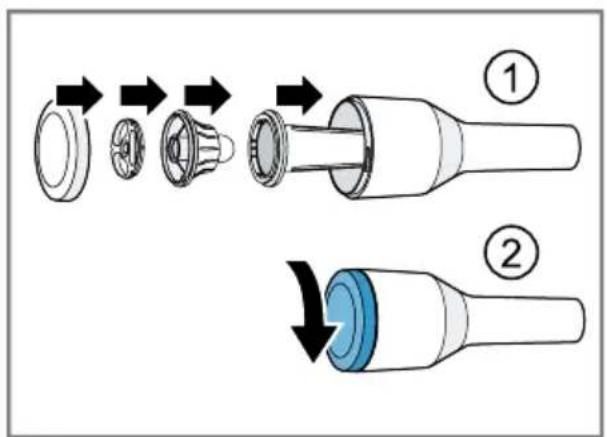 Diagram illustrating the step-by-step assembly of a mechanical component, showing disassembly from a circular component to a cylindrical component with a blue cover.