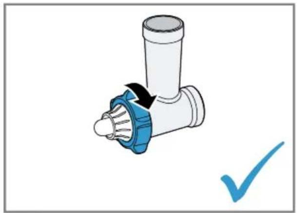 Diagram of a pipe fitting with a blue cover and black arrow indicating direction, accompanied by a blue checkmark (no text or symbols)