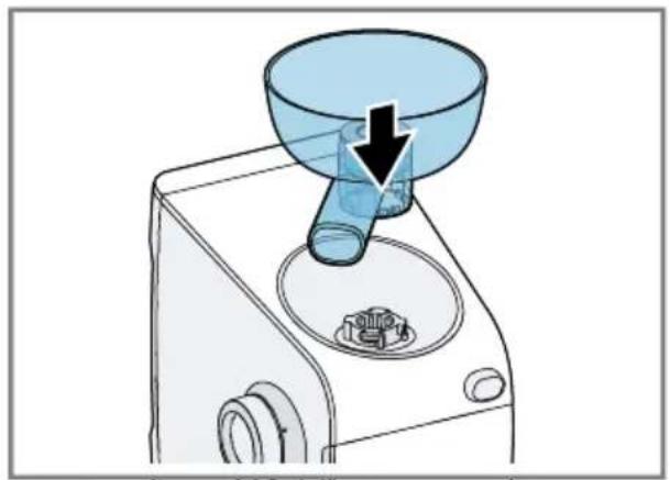 Diagram of a mechanical device with a funnel and screw base, showing a downward arrow indicating action (no text or symbols present)