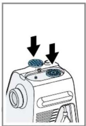 Illustration of a kitchen appliance with two bowls and downward arrows indicating process (no text or symbols).
