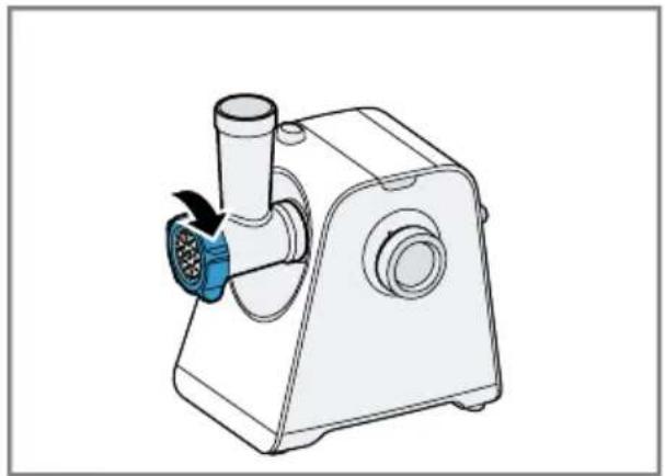 Technical line drawing of a mechanical device with a blue connector and arrow indicating rotation. No text or symbols.