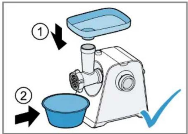 Diagram showing a food cleaning machine with labeled steps: first step, second step, and checkmark.