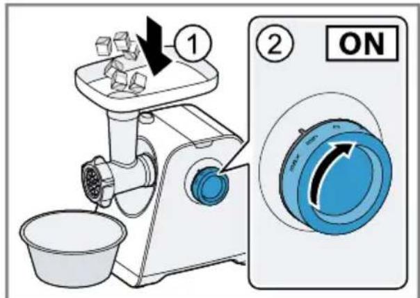 Diagram showing a manual kitchen tool and its ON/OFF control panel with labeled parts and directional arrows.