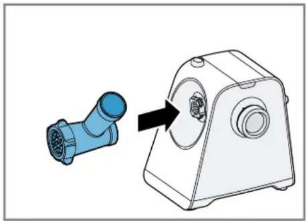 Illustration of a blue plastic pipe fitting next to a white industrial machine component, with an arrow pointing to the component. No text or symbols present.