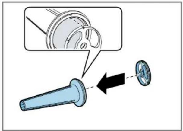 Diagram illustrating a mechanical assembly with a magnified view of a component and directional arrow indicating motion or force.