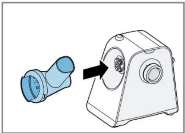 Diagram showing a blue connector being inserted into a white mechanical device (no text or symbols present)