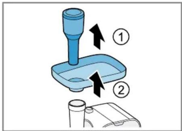 Diagram showing a blue mechanical component with two directional arrows labeled 1 and 2, indicating assembly or movement steps.