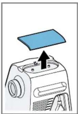 Illustration of a device with a blue cover and an arrow pointing to it, no text or symbols present.