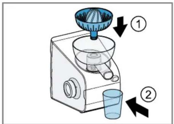 Diagram of a manual coffee maker with labeled parts and directional arrows indicating process steps