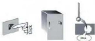 Three simple electrical circuit components: a wall-mounted switch, a cabinet, and a hanging lamp (no text or symbols)
