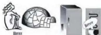 Illustration of three objects: a person with a globe, a globe-like structure, and a server unit (no text or symbols)