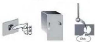 Three icons showing a hand pressing a button, a cabinet, and a hanging tag (no text or symbols)