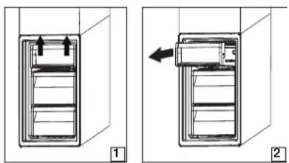 Two technical diagrams showing a door mechanism with arrows indicating movement, labeled 1 and 2 (no text or symbols present).