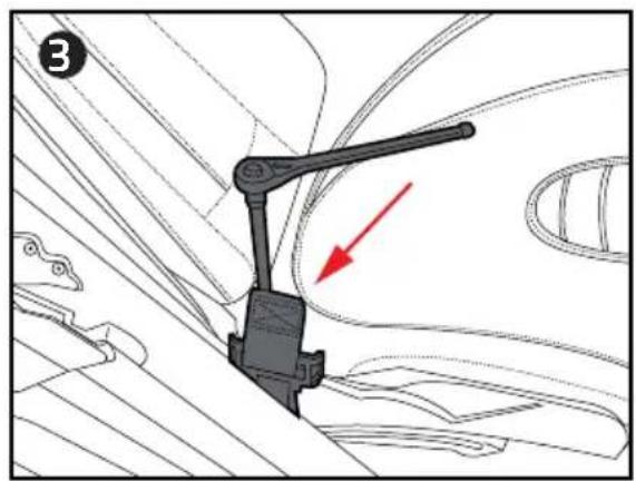 Mechanical assembly diagram showing a lever mechanism with a red arrow indicating direction (no text or symbols present)