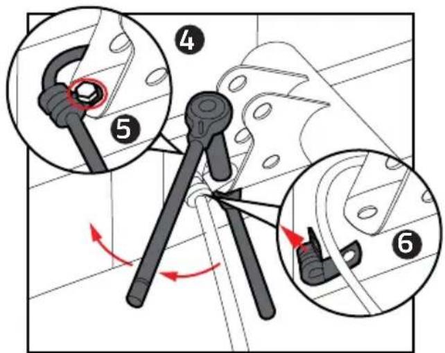 Technical diagram showing mechanical assembly steps with numbered annotations and directional arrows indicating motion or movement.