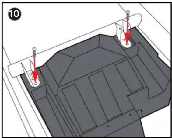 3D mechanical assembly diagram showing a component with red arrows indicating force or movement (no text or symbols present)