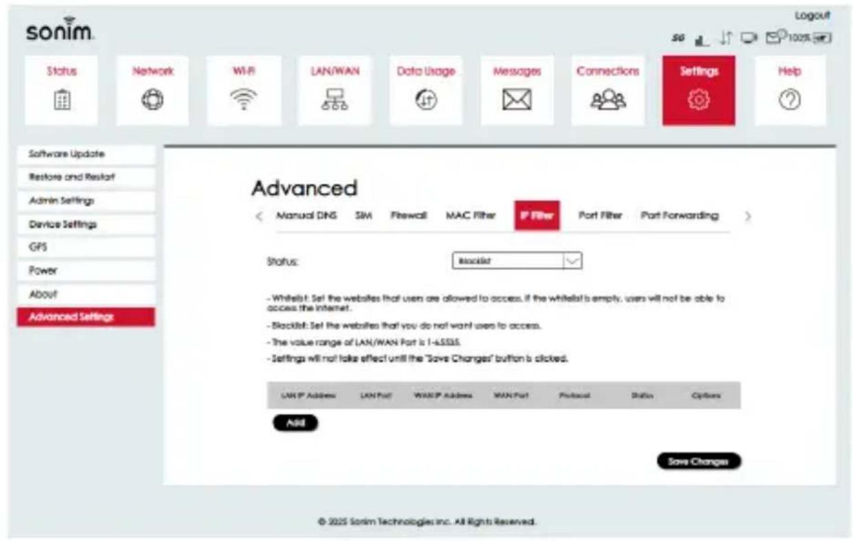 Sonim Status Network Wi-Fi LAN/WAN Data Usage Messages Connections Settings Help Software Update Restore and Restart Admin Settings Device Settings GPS Power About Advanced Settings Advanced Manual DNS, SIM Firewall, MAC Filter, IP Filter, Port Filter, Port Forwarding Status: Blocklist - Whitelist:…