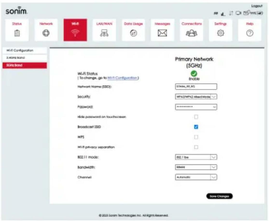 Primary Network (5GHz) Wi-Fi Status [To change, go to Wi-Fi Configuration] Enable Network Name (SSID): S3686_69_6C Security: WPA2/WPA2 Mixed Mode Password: ****** Hide password on touchscreen Broadcast SSID WPS Wi-Fi privacy separation 802.11 mode: 802.11be Bandwidth: 80MHz Channel: Automatic Store…