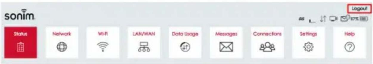 sonim Status Network Wi-Fi LAN/WAN Data Usage Messages Connections Settings Help Logout