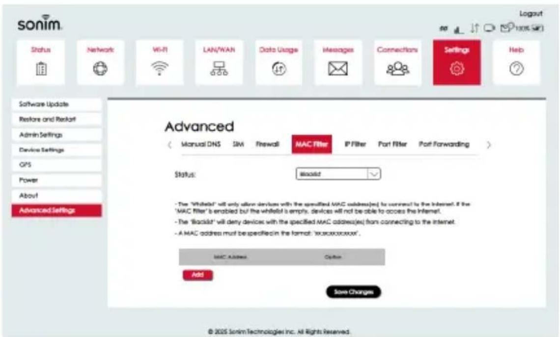Sonim Status Network Wi-Fi LAN/WAN Data Usage Messages Connections Settings Help Software Update Restore and Restart Admin Settings Device Settings GPS Power About Advanced Settings Advanced (Manual DNS, SIM Firewall, MAC Filter, IP Filter, Port Filter, Port Forwarding) Status: MAC ID - The 'Whiteli…