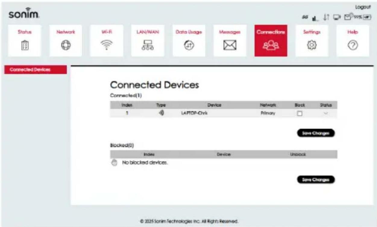 sonim Status Network Wi-Fi LAN/WAN Data Usage Messages Connections Settings Help Connected Devices Connected Devices Connected(1) Index Type Device Network Block Status 1 LAPTOP-Chrk Primary Save Changes Blocked(0) Index Device Unlock No blocked devices. Save Changes © 2025 Sonim Technologies Inc. A…