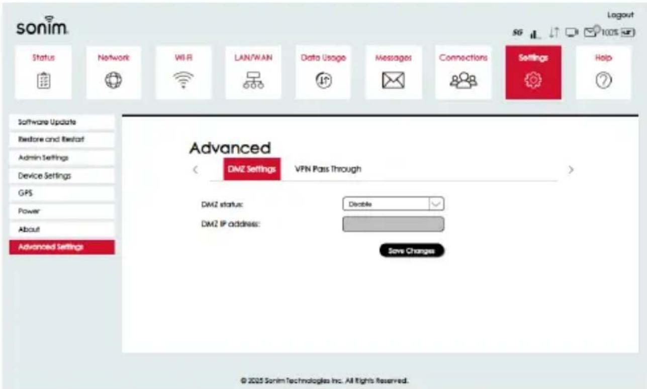 Sonim Status Network WiFi LAN/WAN Data Usage Messages Connections Settings Help Software Update Before and Before Admin Settings Device Settings GPS Power About Advanced Settings Advanced ( DMZ Settings VPN Pass Through ) DMZ status: Disable DMZ IP address: Save Changes © 2025 Sonim Technologies Inc…
