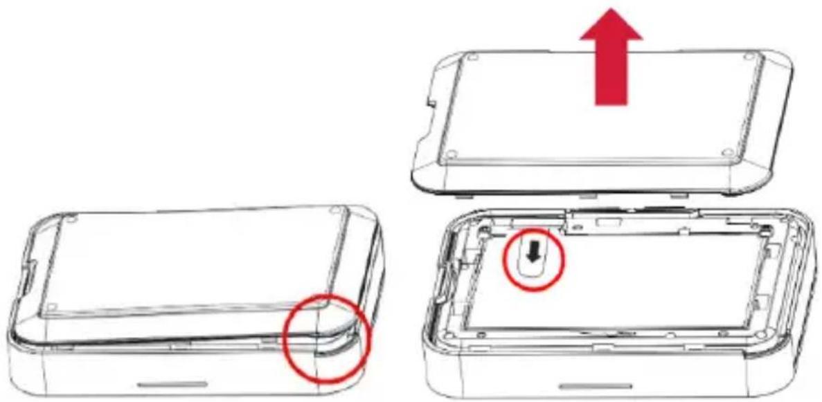 Diagram showing three views of an open device casing with a red upward arrow and a red circle highlighting a specific component.
