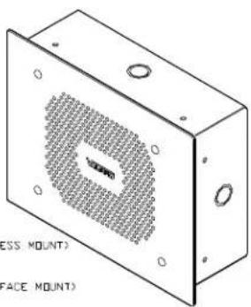 Isometric technical drawing of a rectangular housing with a central mesh pattern and mounting holes (no text or symbols)